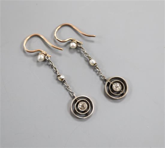 A pair of late Victorian yellow metal, seed pearl and diamond set target drop earrings, 29mm.